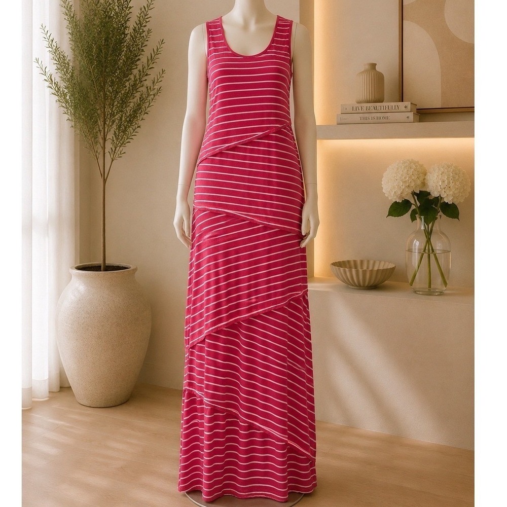 Max Studio Maxi Dress Large Maxi Coral Pink Summer Tiered Casual Comfort Resort